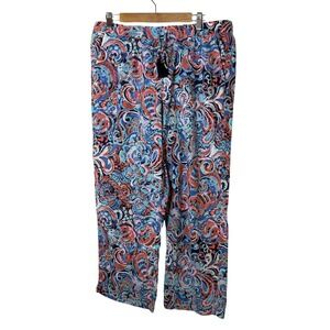 Talbots Women Pants Large Blue Coral Paisley Cotton Tassel Wide Leg Boho Coastal
